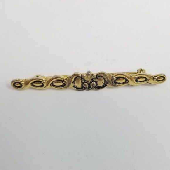 Vintage Gold Tone Bar Brooch signed Sarah, Unisex Minimal Design Estate - Picture 1 of 6